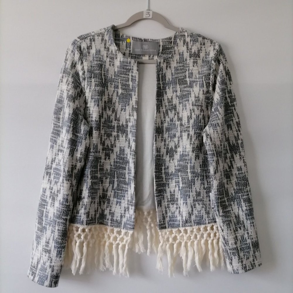 Tart Collection Blue Open Front Aztec Bouc Tassel Hem Jacket Size L New